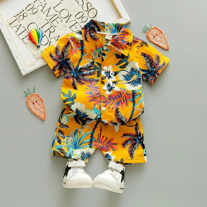 2 Pcs Top+Pant Kids Shirt Sets 1-7 Years Old Boys Print Vintage Floral Pattern Lapel Suits Summer Girls Short Sleeve Streetwear Thin Casual Shirt Holiday Beach Outfit