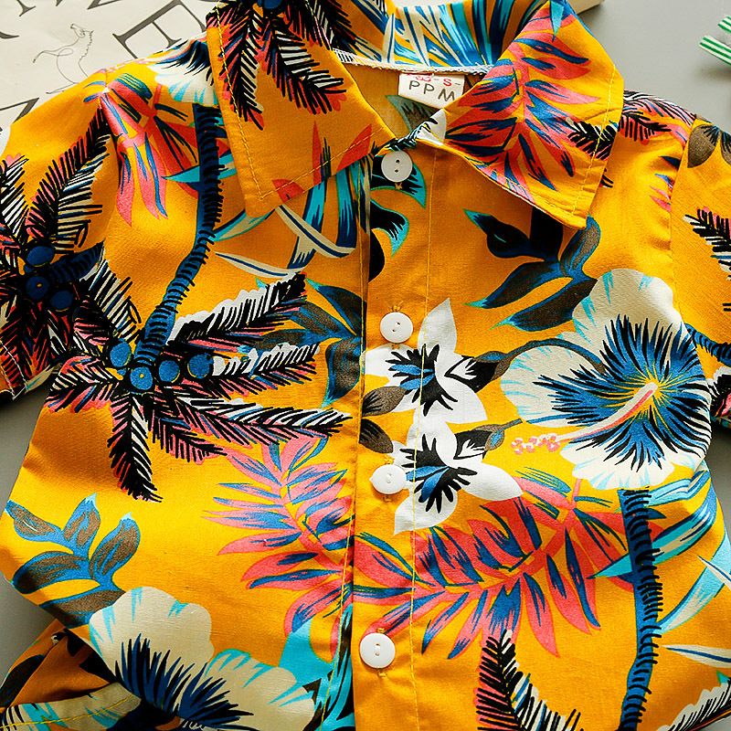 2 Pcs Top+Pant Kids Shirt Sets 1-7 Years Old Boys Print Vintage Floral Pattern Lapel Suits Summer Girls Short Sleeve Streetwear Thin Casual Shirt Holiday Beach Outfit