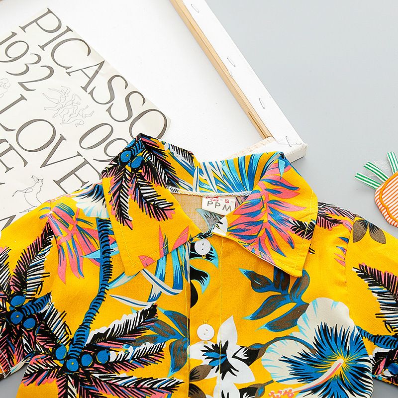 2 Pcs Top+Pant Kids Shirt Sets 1-7 Years Old Boys Print Vintage Floral Pattern Lapel Suits Summer Girls Short Sleeve Streetwear Thin Casual Shirt Holiday Beach Outfit