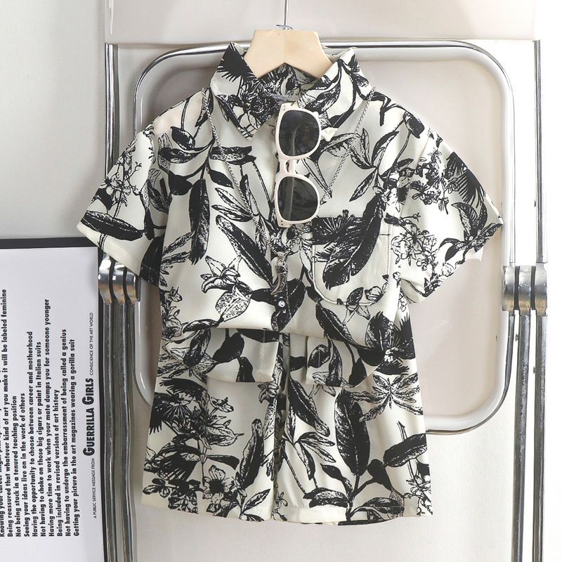 2 Pcs Top+Pant Kids Shirt Sets 1-12 Years Old Boys Print Vintage Floral Pattern Lapel Suits Summer Girls Short Sleeve Streetwear Thin Casual Shirt Holiday Beach Outfit