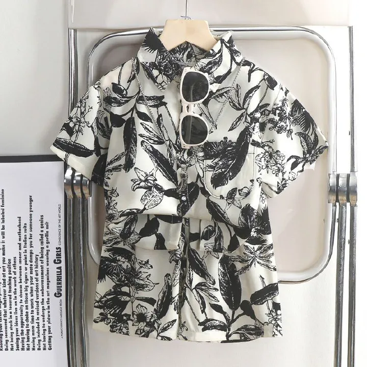 2 Pcs Top+Pant Kids Shirt Sets 1-12 Years Old Boys Print Vintage Floral Pattern Lapel Suits Summer Girls Short Sleeve Streetwear Thin Casual Shirt Holiday Beach Outfit