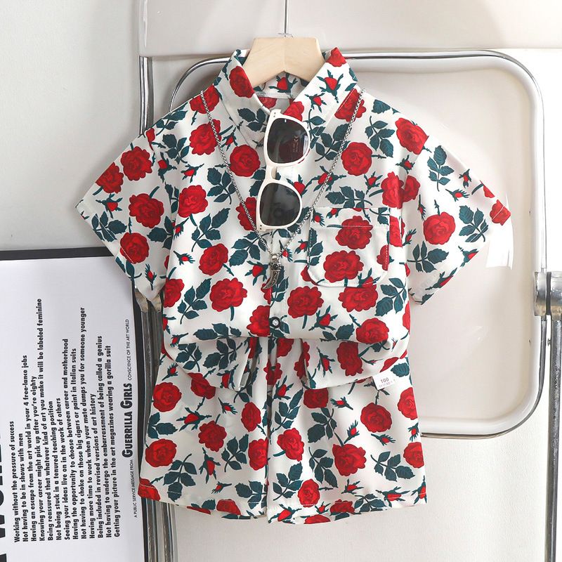 2 Pcs Top+Pant Kids Shirt Sets 1-12 Years Old Boys Print Vintage Floral Pattern Lapel Suits Summer Girls Short Sleeve Streetwear Thin Casual Shirt Holiday Beach Outfit