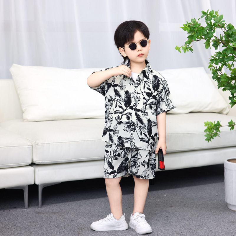 2 Pcs Top+Pant Kids Shirt Sets 1-12 Years Old Boys Print Vintage Floral Pattern Lapel Suits Summer Girls Short Sleeve Streetwear Thin Casual Shirt Holiday Beach Outfit
