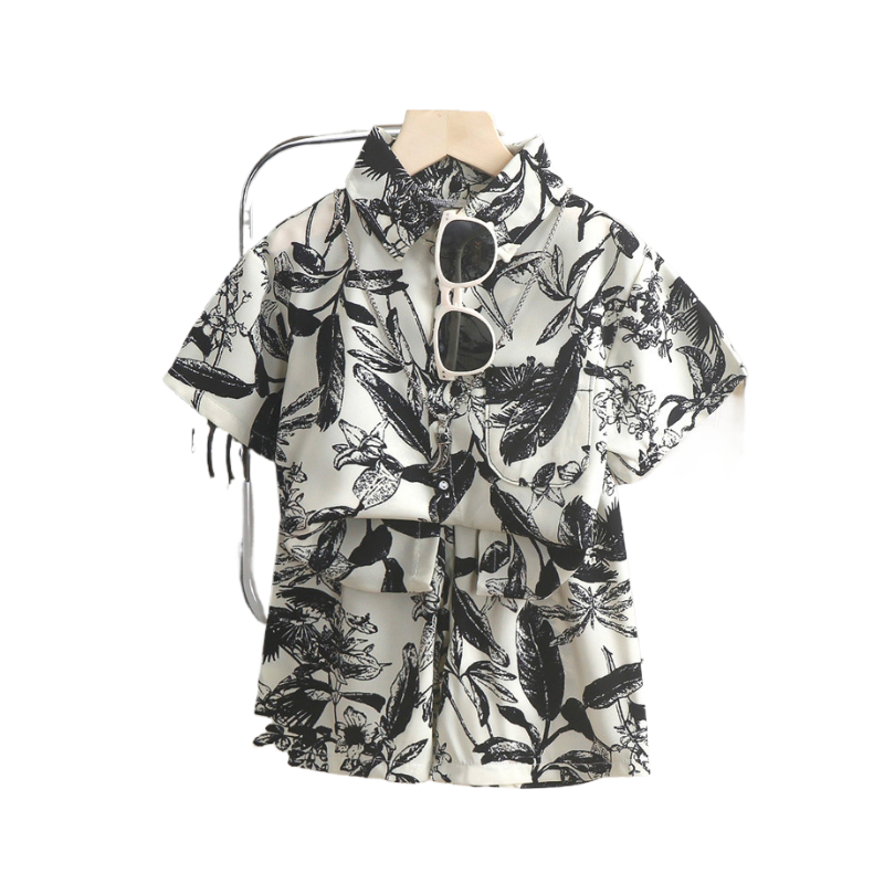 2 Pcs Top+Pant Kids Shirt Sets 1-12 Years Old Boys Print Vintage Floral Pattern Lapel Suits Summer Girls Short Sleeve Streetwear Thin Casual Shirt Holiday Beach Outfit