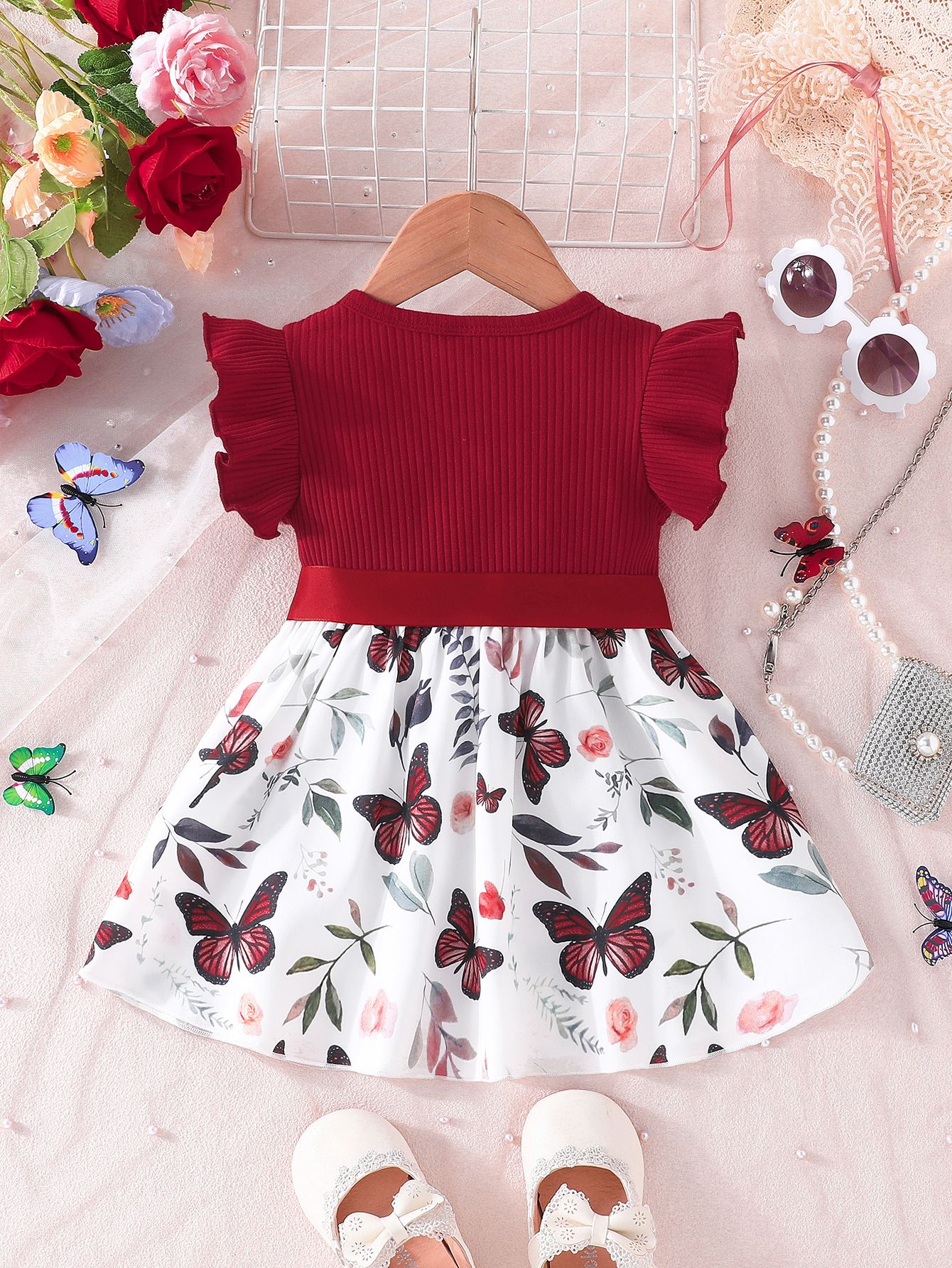 Kids 6 Month 3 Years Ruffled Sleeve Butterfly Floral Tulle Cute Princess Formal Dresses with Belt For Baby Girl Newborn Baby Girl