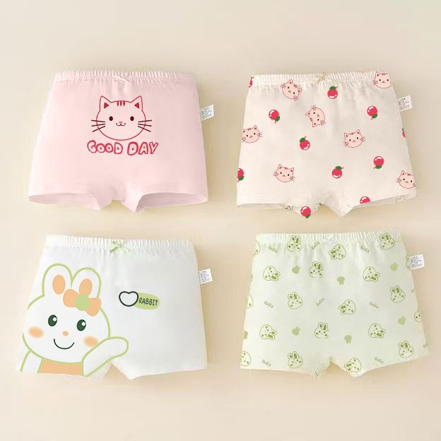 Cute and Sweet Style Child Childrem Underwear Cotton Panties for Girls - Kitten, Bunny and Strawberry Print Boxer Shorts, Suitable for Primary - school Students and Babies, Ideal for Summer