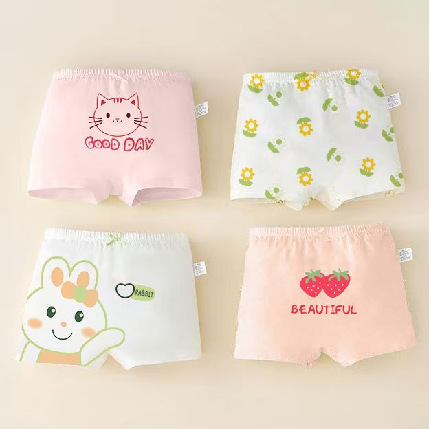 Cute and Sweet Style Child Childrem Underwear Cotton Panties for Girls - Kitten, Bunny and Strawberry Print Boxer Shorts, Suitable for Primary - school Students and Babies, Ideal for Summer