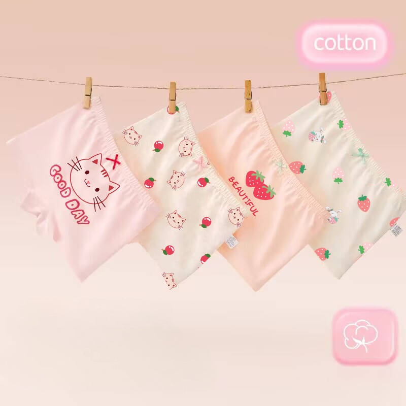 Cute and Sweet Style Child Childrem Underwear Cotton Panties for Girls - Kitten, Bunny and Strawberry Print Boxer Shorts, Suitable for Primary - school Students and Babies, Ideal for Summer