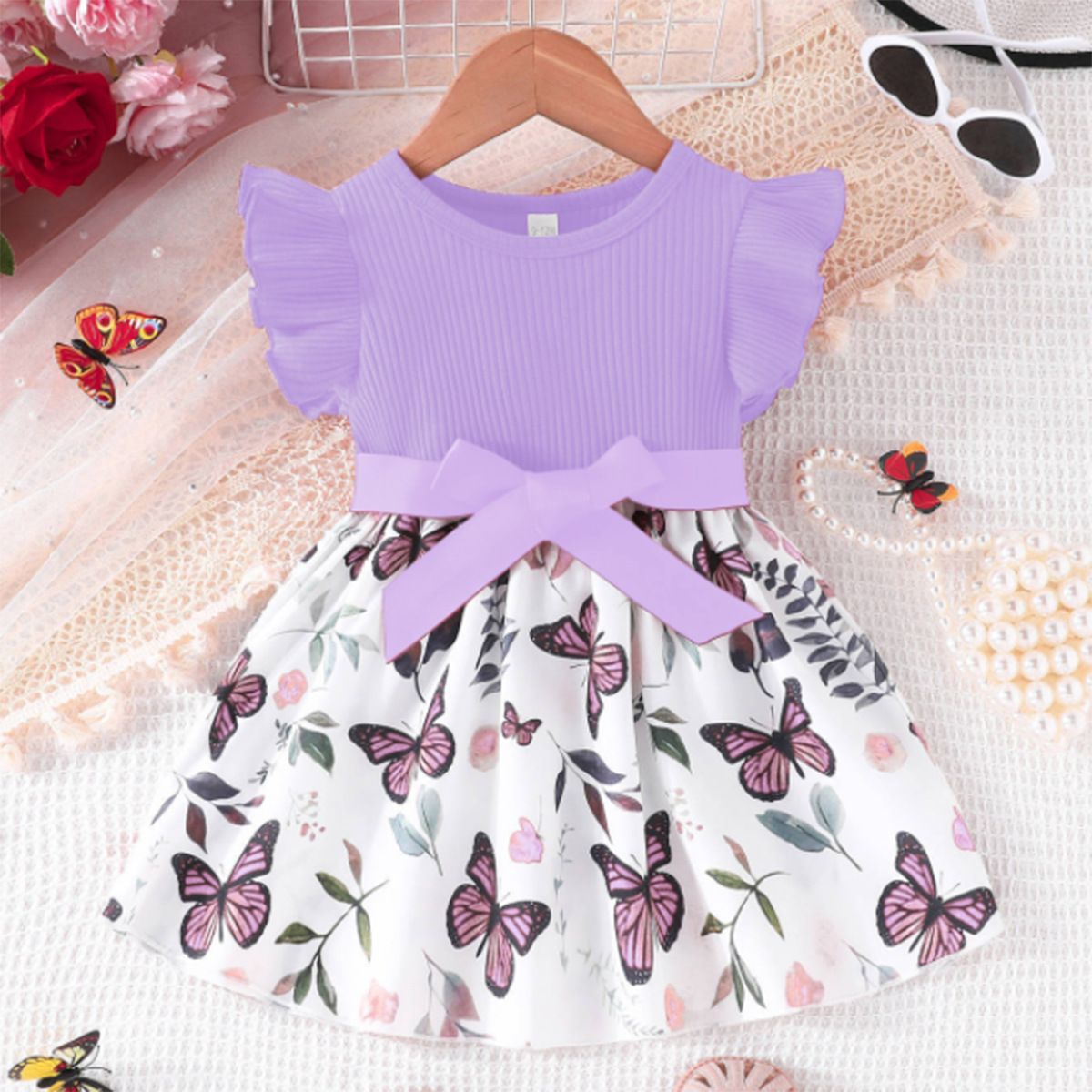 Kids 6 Month 3 Years Ruffled Sleeve Butterfly Floral Tulle Cute Princess Formal Dresses with Belt For Baby Girl Newborn Baby Girl