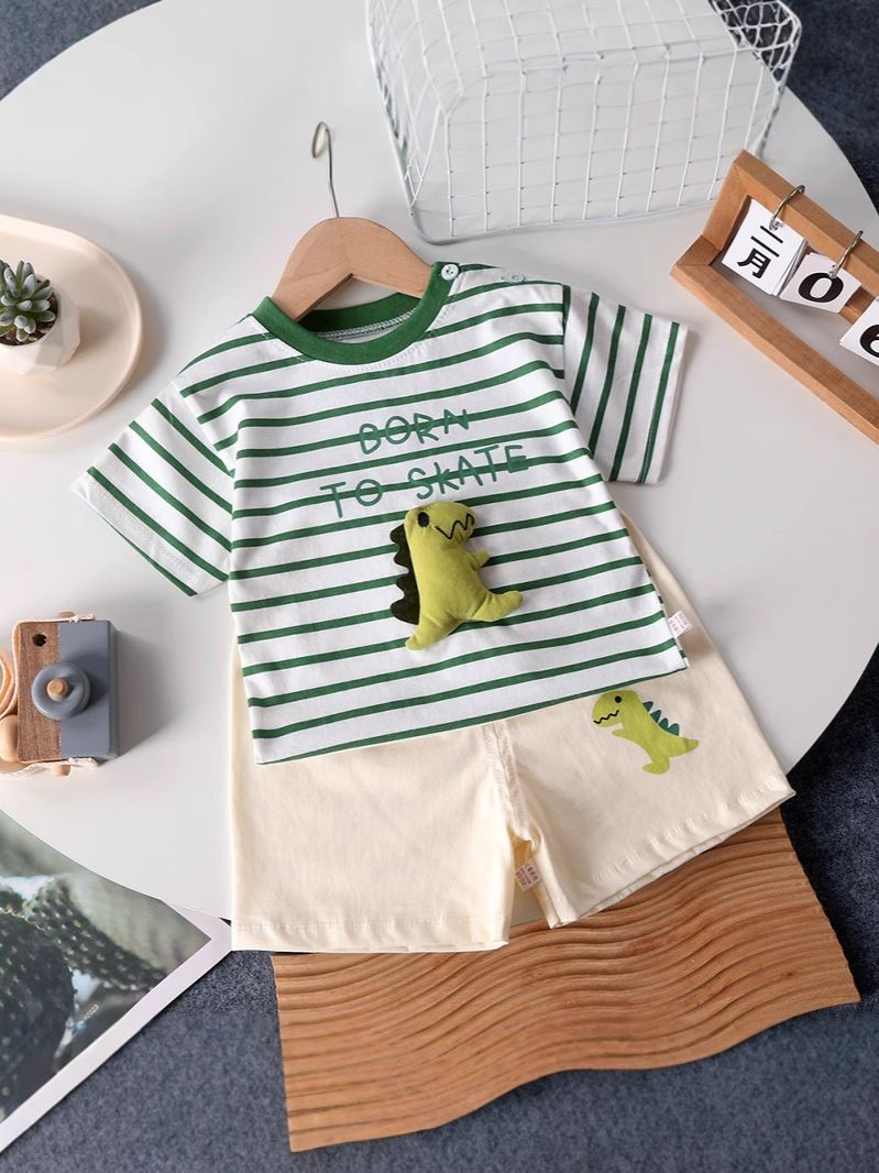 [2025 New Arrival] Children's short-sleeved suit pure cotton comfortable boy summer loose two-piece baby shorts baby clothes 90-100cm