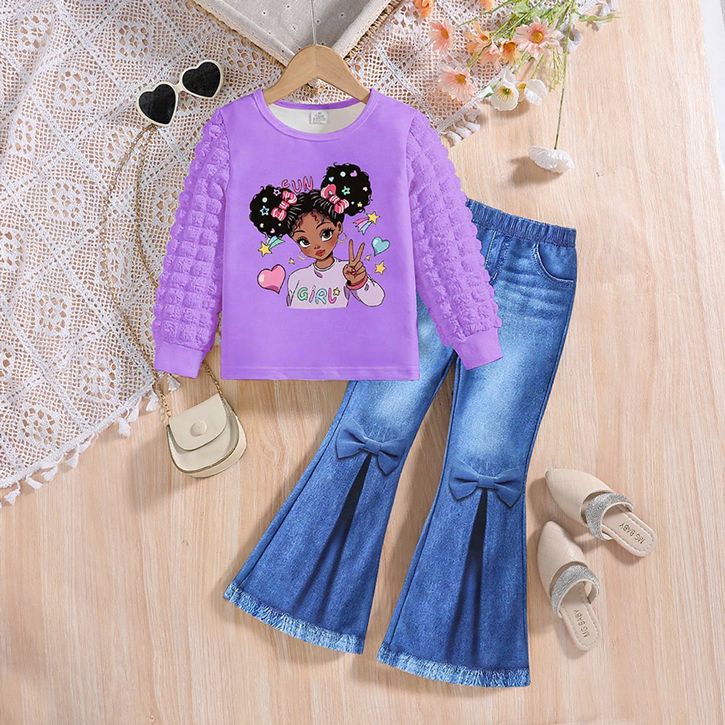 [2025 New Arrival] Girls' suit round neck girls puff sleeve top imitation denim flared trousers two-piece suit kid