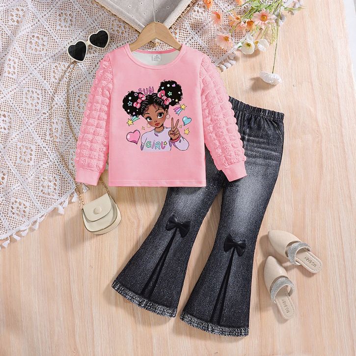 [2025 New Arrival] Girls' suit round neck girls puff sleeve top imitation denim flared trousers two-piece suit kid