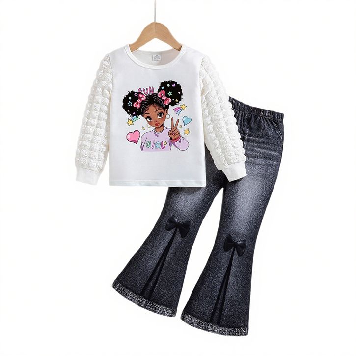 [2025 New Arrival] Girls' suit round neck girls puff sleeve top imitation denim flared trousers two-piece suit kid