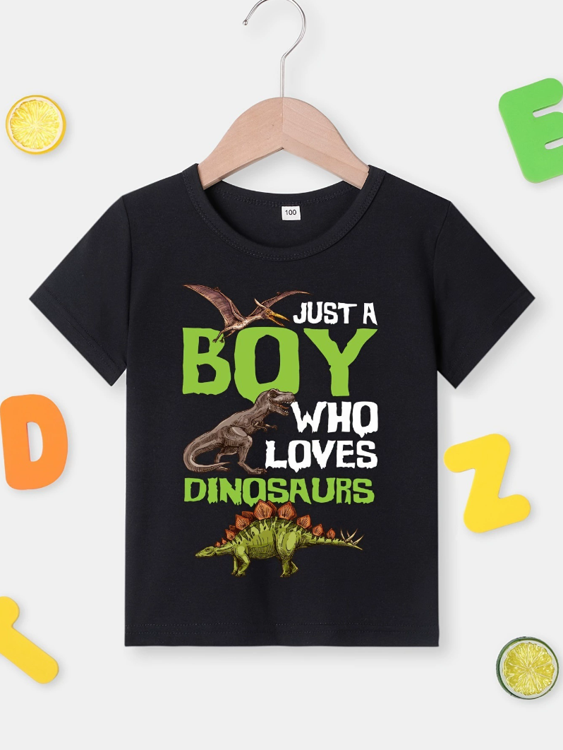 Summer Boys' Fashion Clothes,Dinosaur Letter Print Kids Cute Short Sleeve T-Shirt Outfit, Perfect for Outdoor