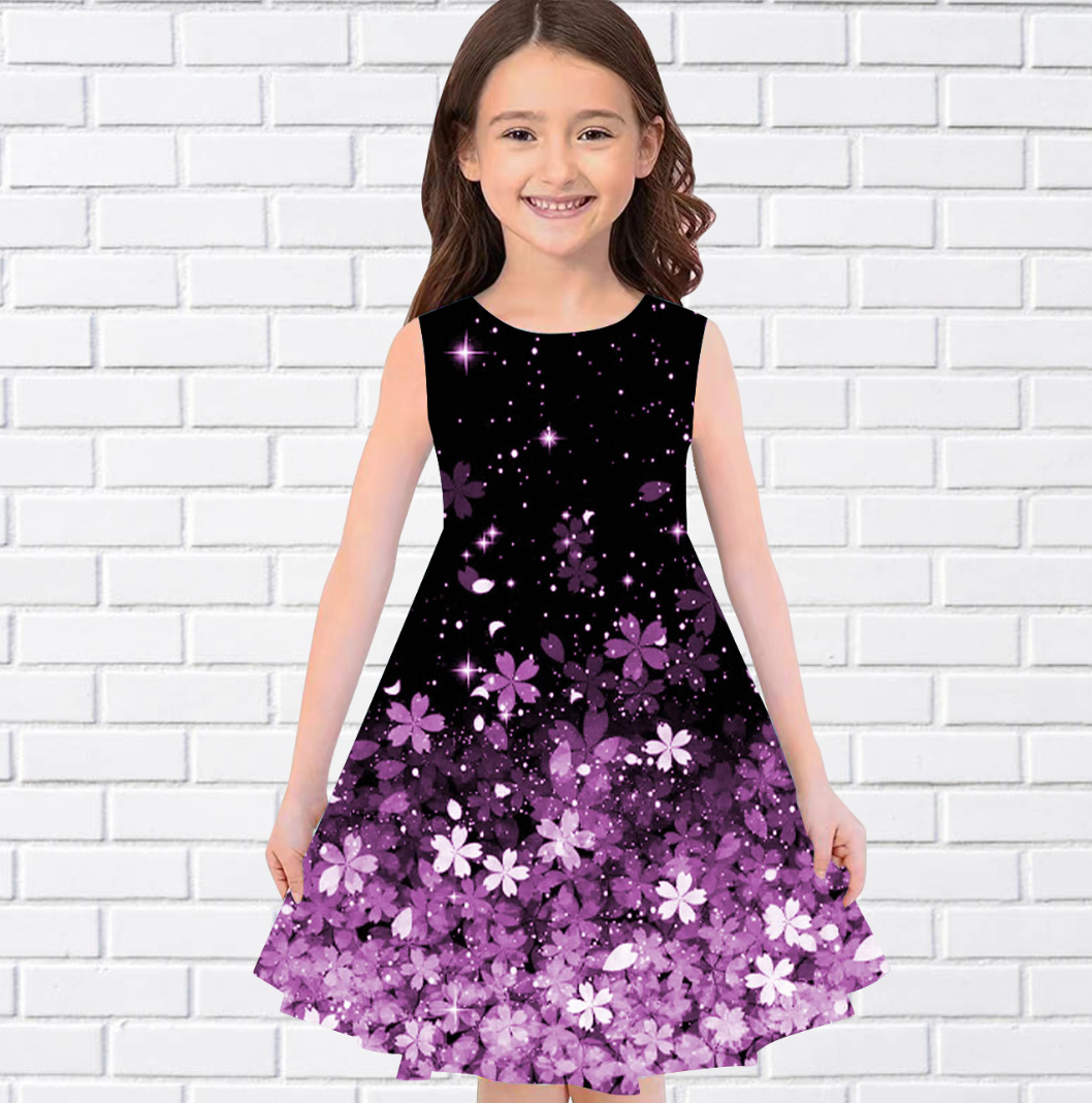 Girls Clothes  Sleeveless Party Dress - Purple Floral Print with Sparkling Stars ，Elegant A-Line Outfit