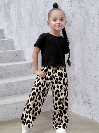 【Fashion】2025 Girls summer leopard print trousers suit new children's casual stylish two-piece suit