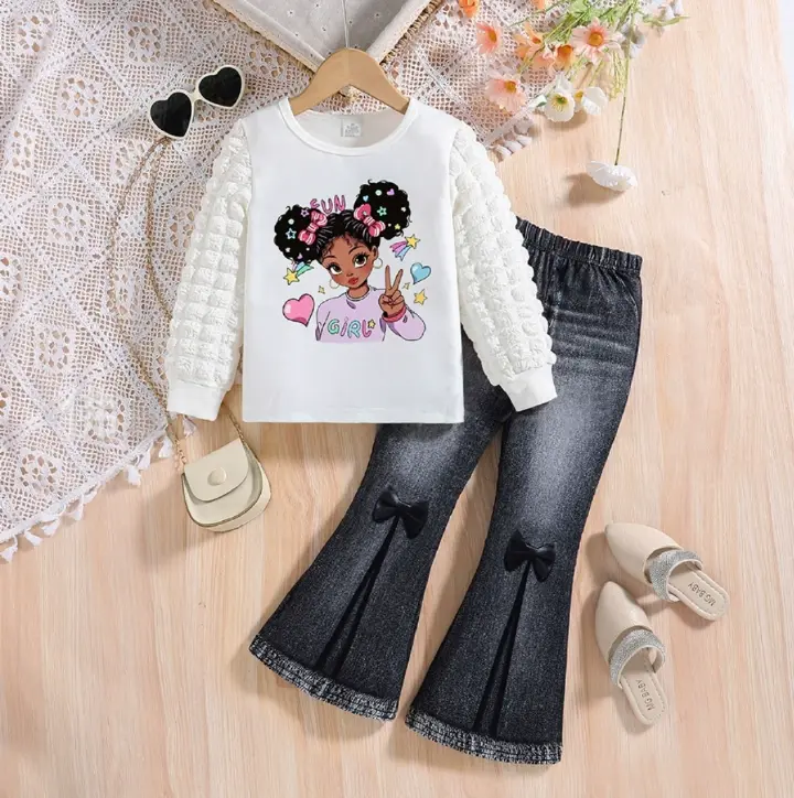 [2025 New Arrival] Girls' suit round neck girls puff sleeve top imitation denim flared trousers two-piece suit kid