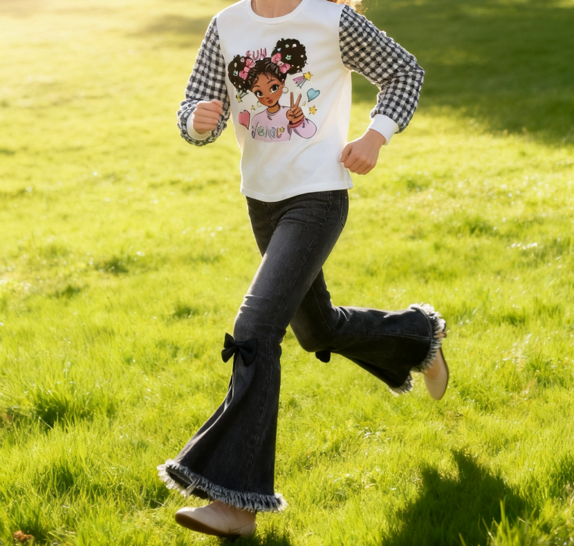 [2025 New Arrival] Girls' suit round neck girls puff sleeve top imitation denim flared trousers two-piece suit kid