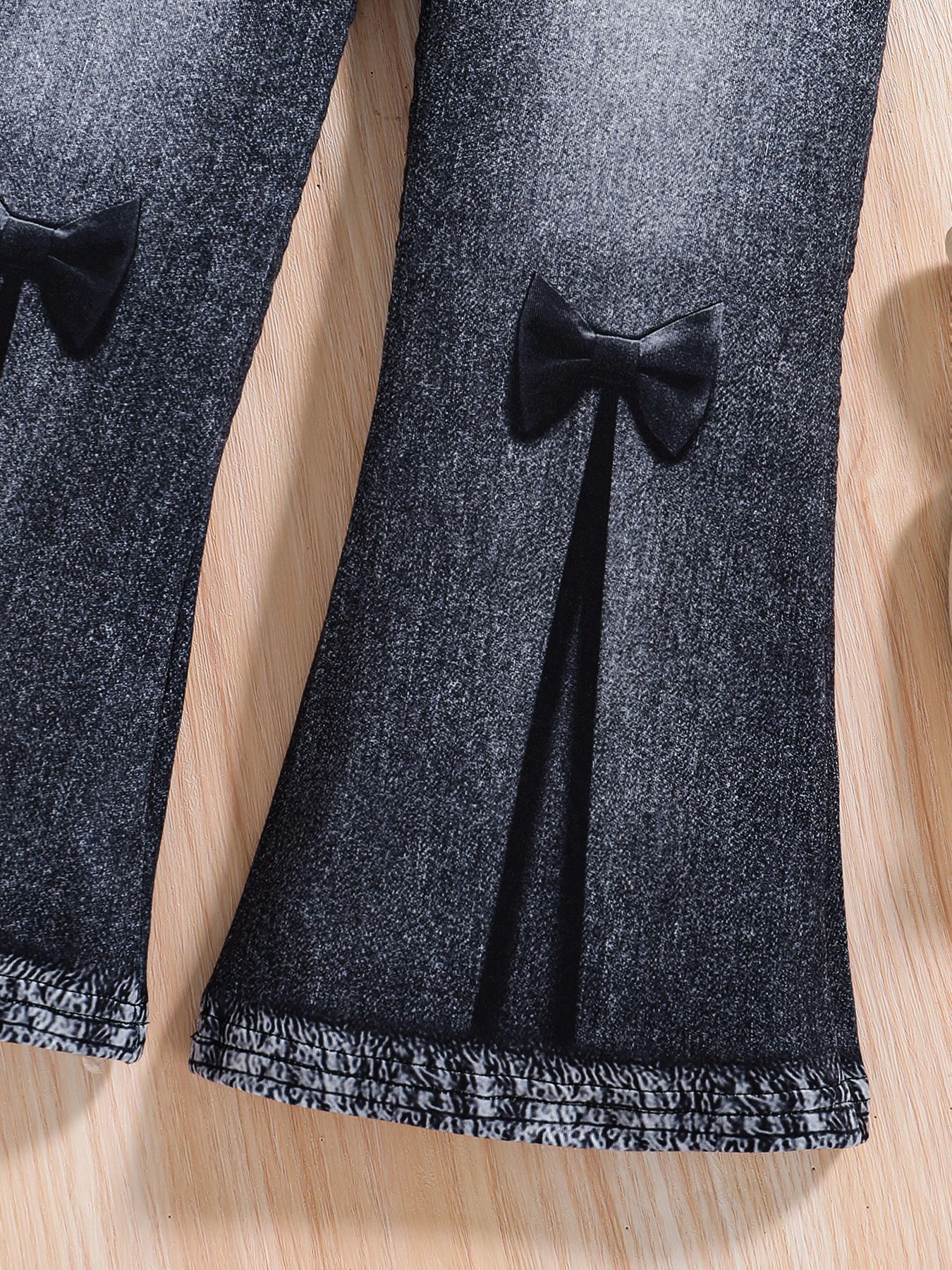 [2025 New Arrival] Girls' suit round neck girls puff sleeve top imitation denim flared trousers two-piece suit kid