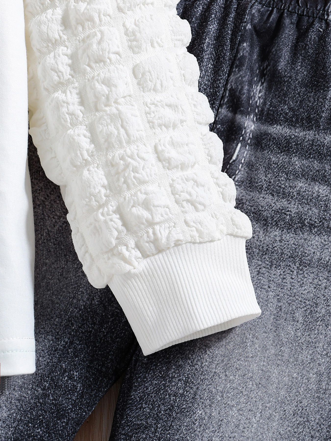 [2025 New Arrival] Girls' suit round neck girls puff sleeve top imitation denim flared trousers two-piece suit kid