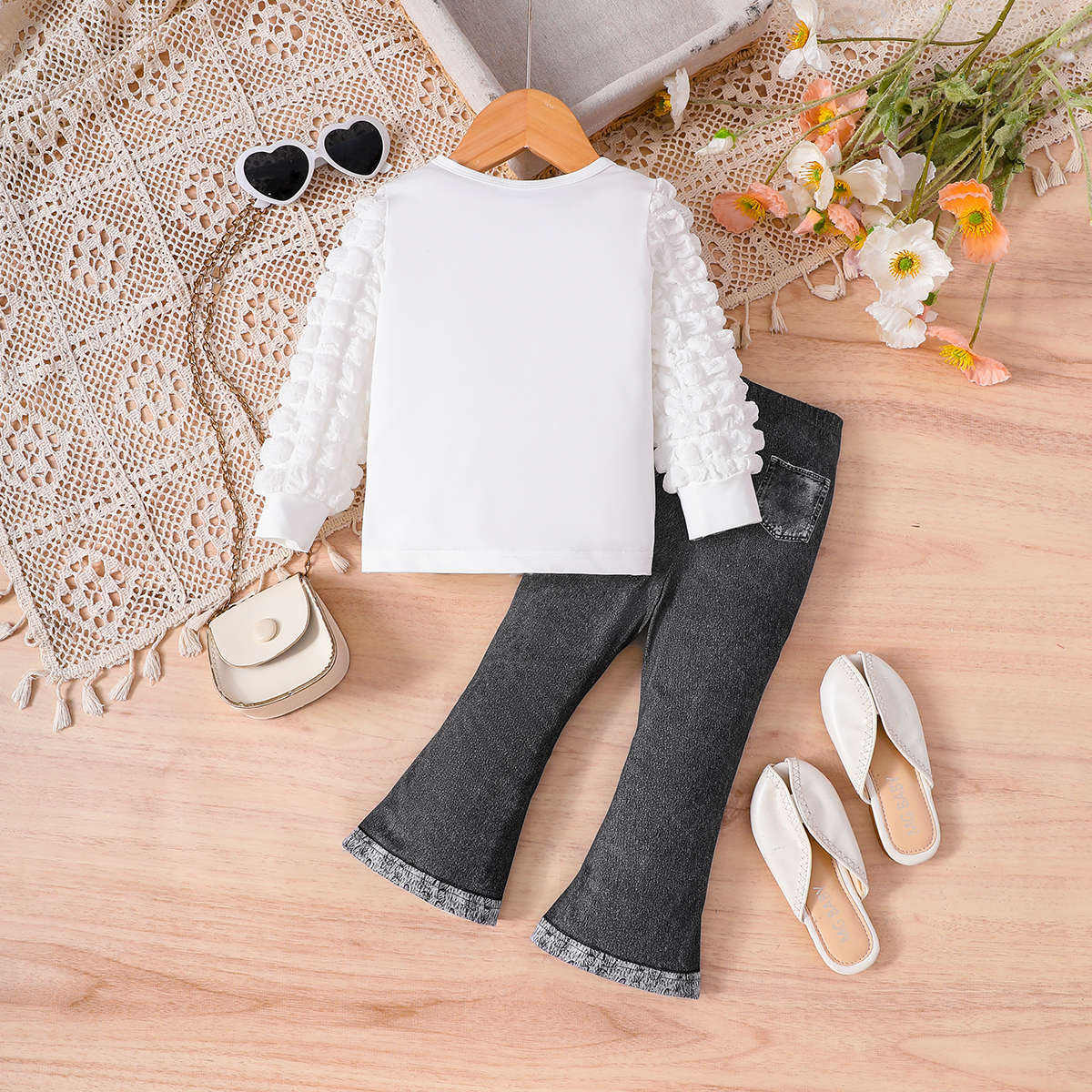 [2025 New Arrival] Girls' suit round neck girls puff sleeve top imitation denim flared trousers two-piece suit kid