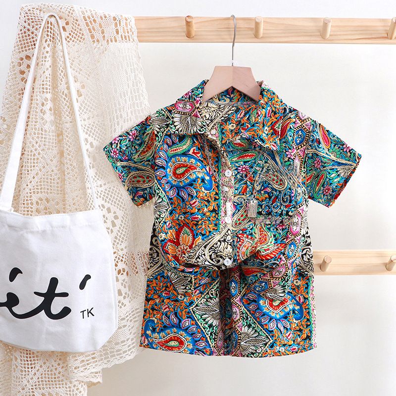 Children's Summer Set 2 Pcs Top+Pants 1-12 Years Old Boys Print Vintage Floral Pattern Casual Shirt  Beach Holiday Resort Style