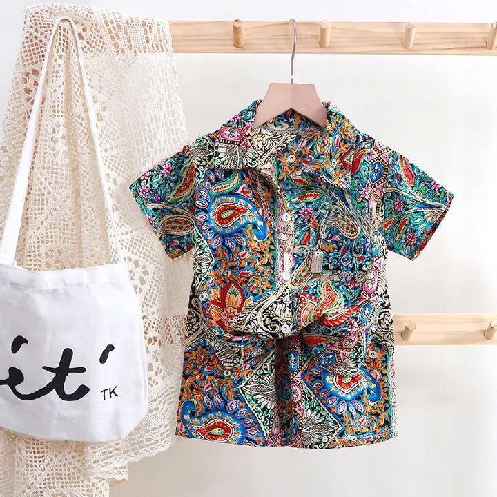Children's Summer Set 2 Pcs Top+Pants 1-12 Years Old Boys Print Vintage Floral Pattern Casual Shirt  Beach Holiday Resort Style
