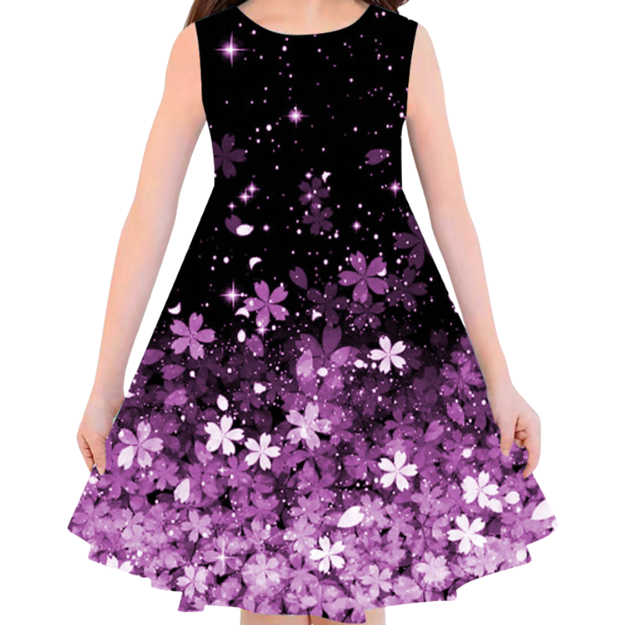 Girls Clothes  Sleeveless Party Dress - Purple Floral Print with Sparkling Stars ，Elegant A-Line Outfit
