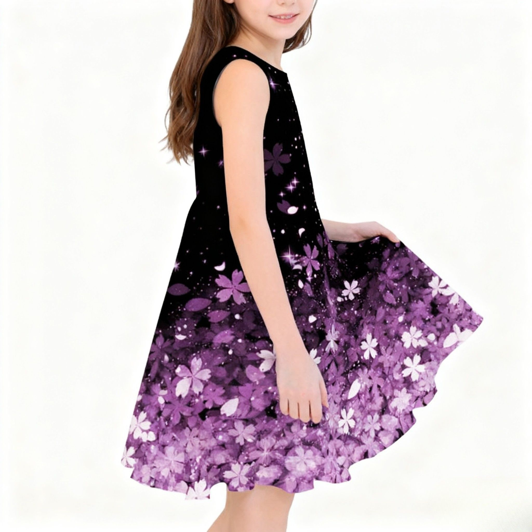 Girls Clothes  Sleeveless Party Dress - Purple Floral Print with Sparkling Stars ，Elegant A-Line Outfit