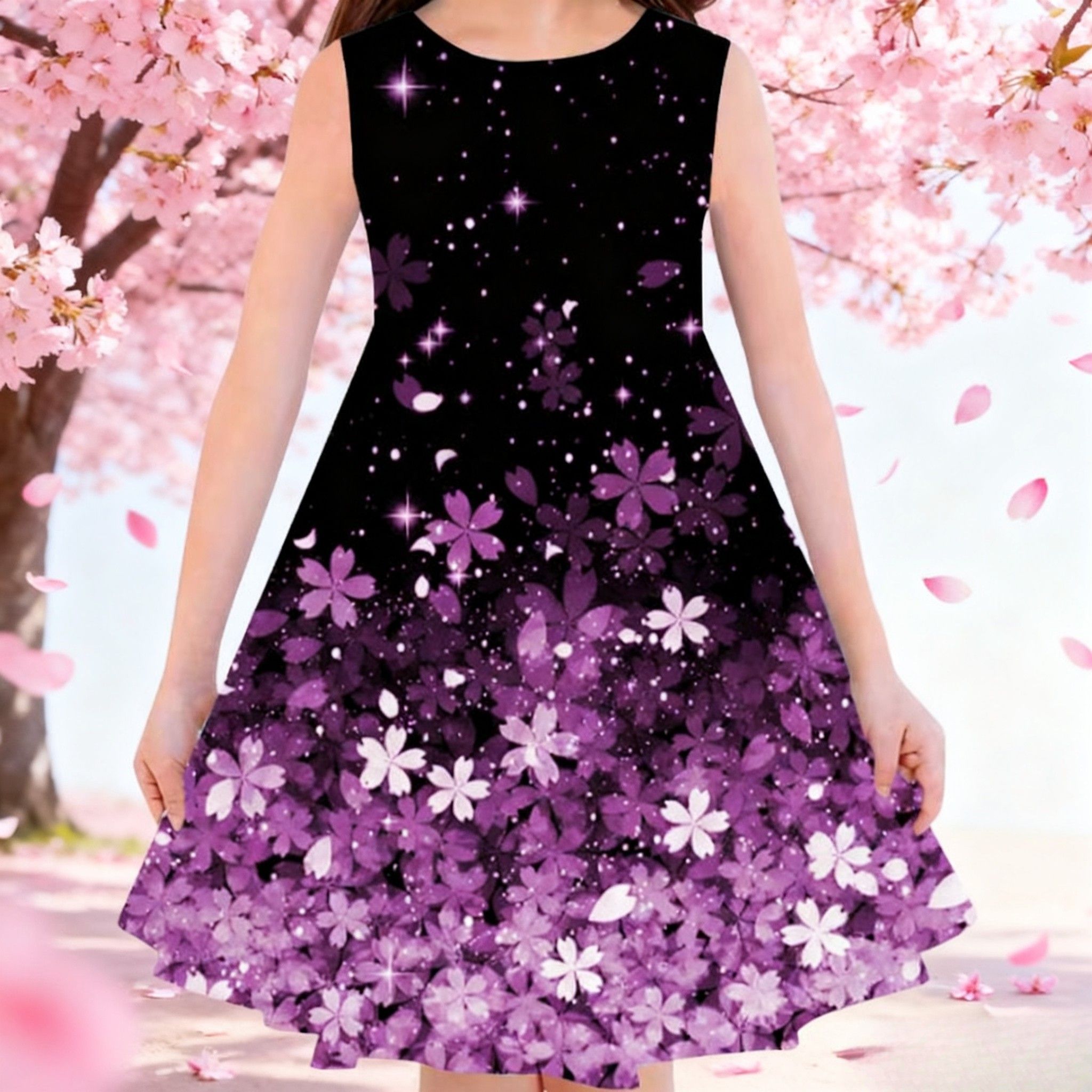 Girls Clothes  Sleeveless Party Dress - Purple Floral Print with Sparkling Stars ，Elegant A-Line Outfit