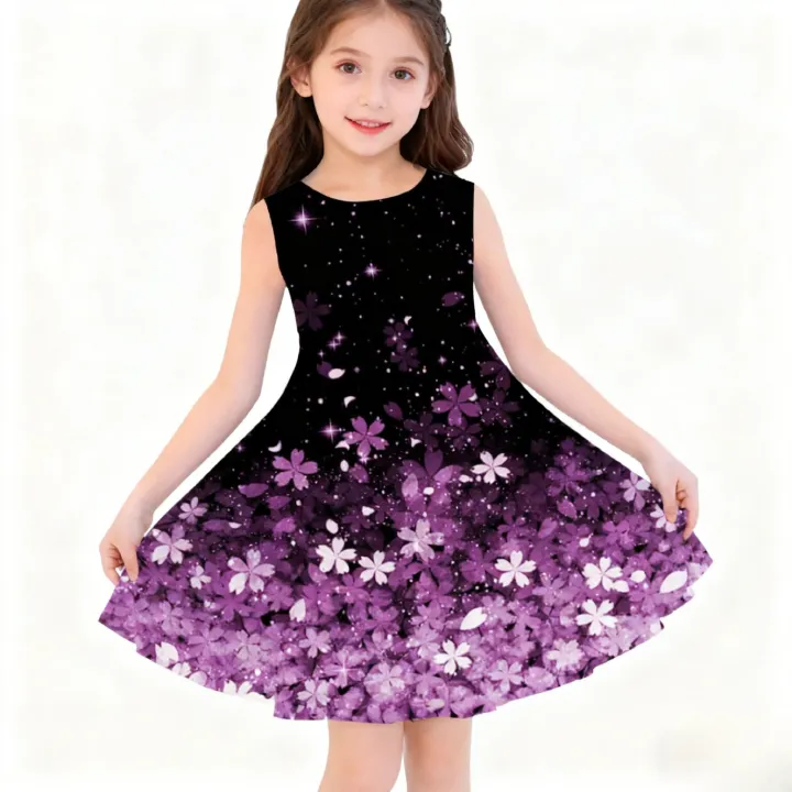 Girls Clothes  Sleeveless Party Dress - Purple Floral Print with Sparkling Stars ，Elegant A-Line Outfit