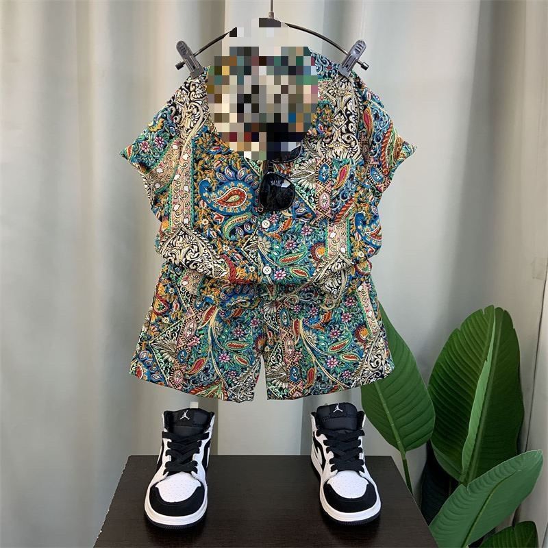 Children's Summer Set 2 Pcs Top+Pants 1-12 Years Old Boys Print Vintage Floral Pattern Casual Shirt  Beach Holiday Resort Style