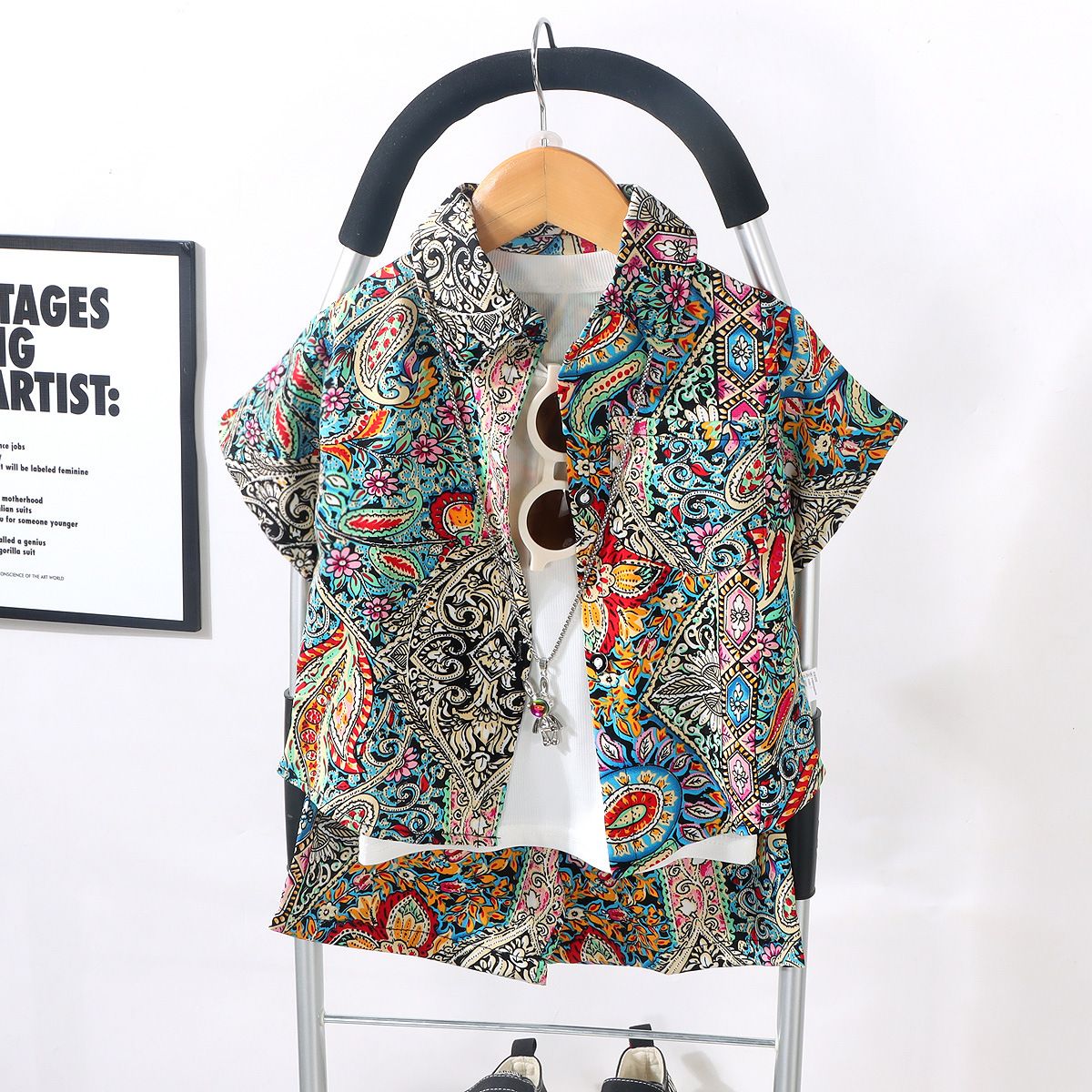 Children's Summer Set 2 Pcs Top+Pants 1-12 Years Old Boys Print Vintage Floral Pattern Casual Shirt  Beach Holiday Resort Style