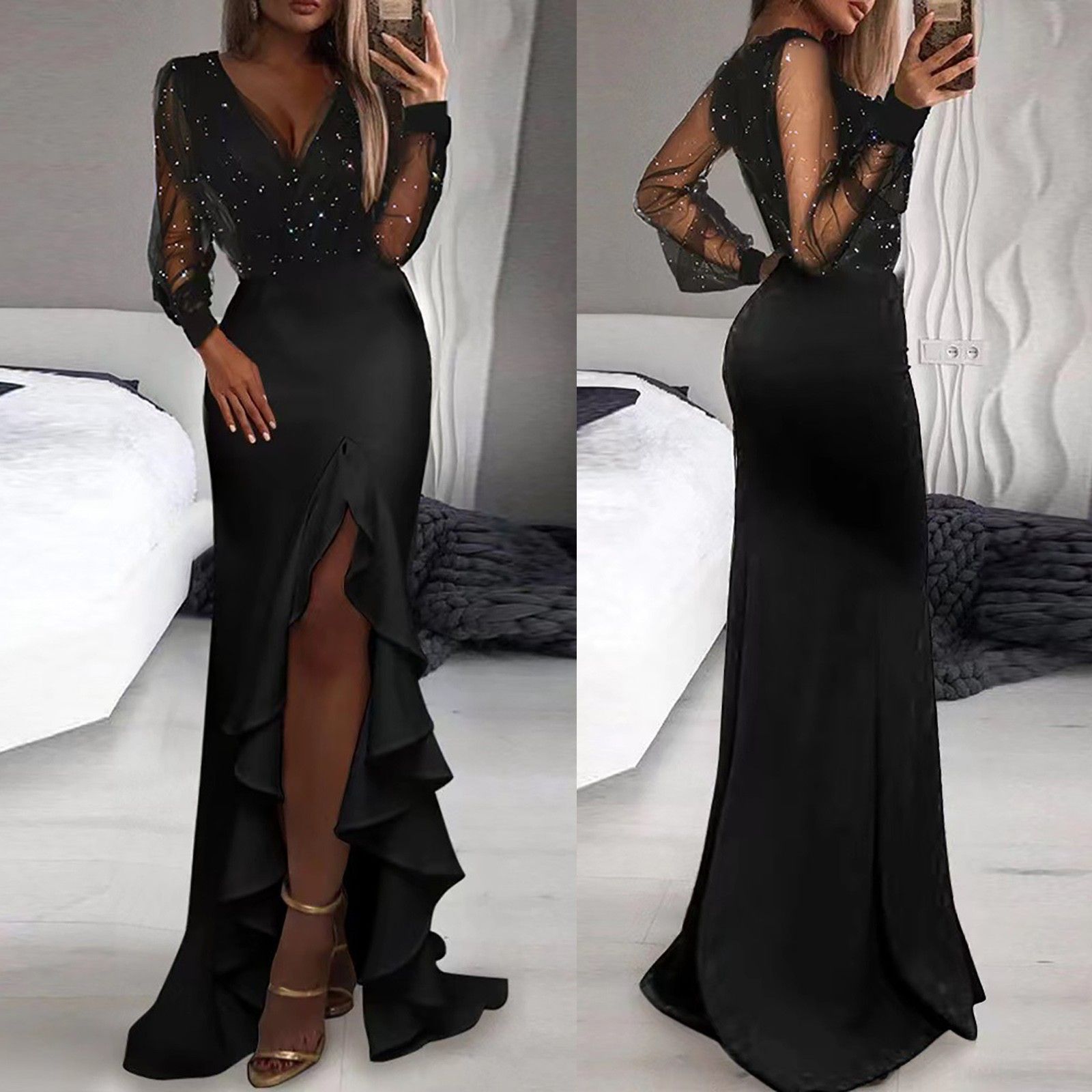 Elegant Black Mesh Sequin Long Sleeve Maxi Dress Women's Deep V Neck Wrap Split High Waist Female Irregular Ruffles Evening Party Dress
