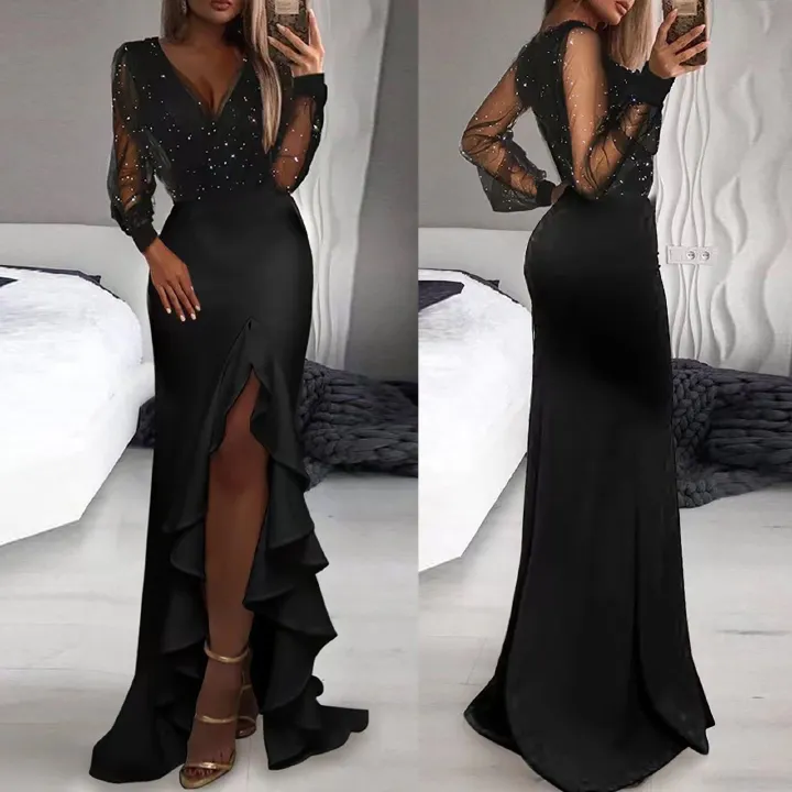 Elegant Black Mesh Sequin Long Sleeve Maxi Dress Women's Deep V Neck Wrap Split High Waist Female Irregular Ruffles Evening Party Dress