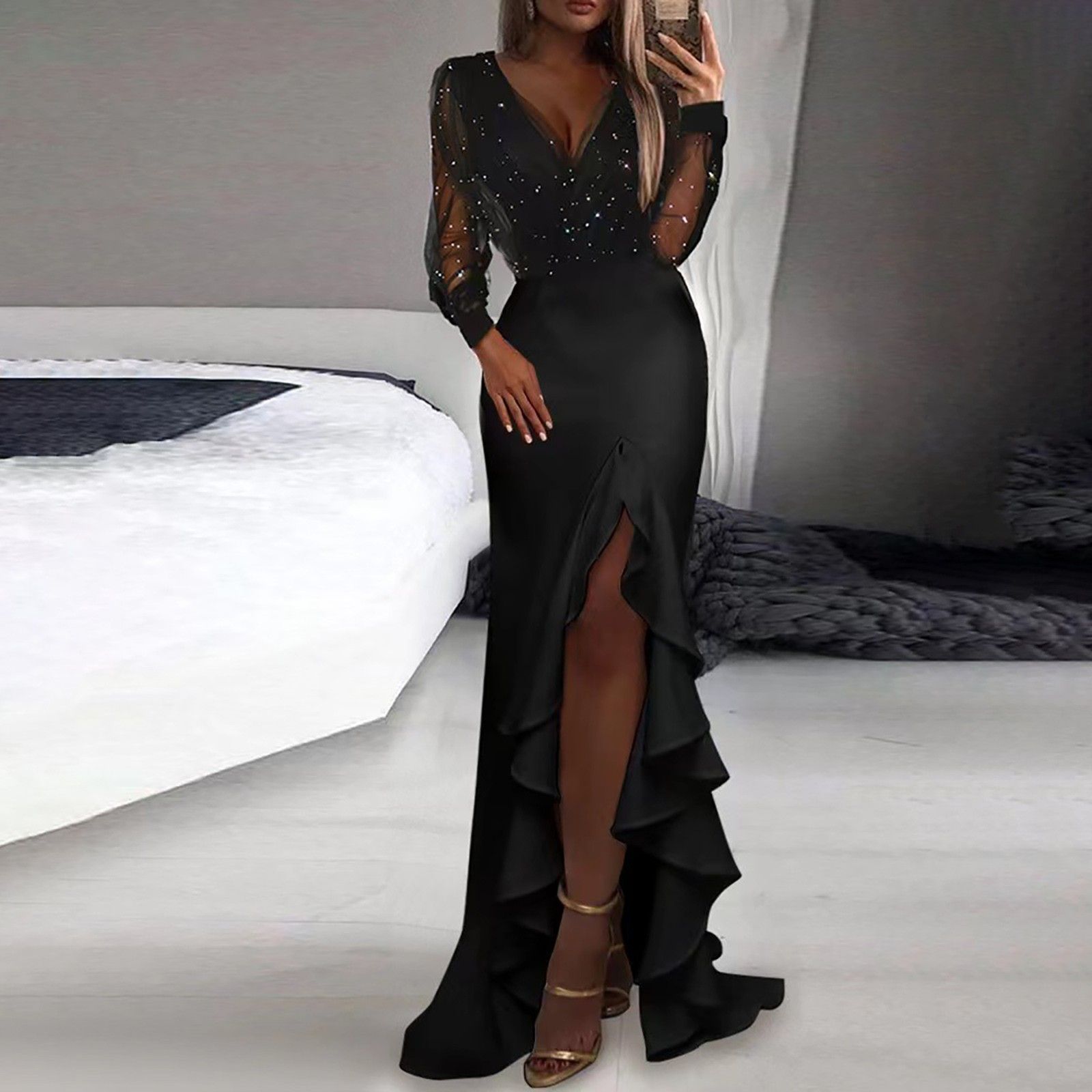 Elegant Black Mesh Sequin Long Sleeve Maxi Dress Women's Deep V Neck Wrap Split High Waist Female Irregular Ruffles Evening Party Dress