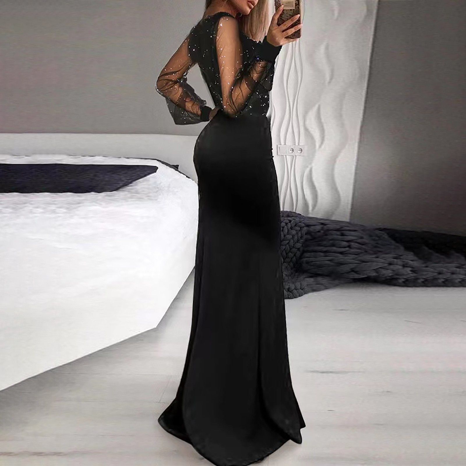 Elegant Black Mesh Sequin Long Sleeve Maxi Dress Women's Deep V Neck Wrap Split High Waist Female Irregular Ruffles Evening Party Dress