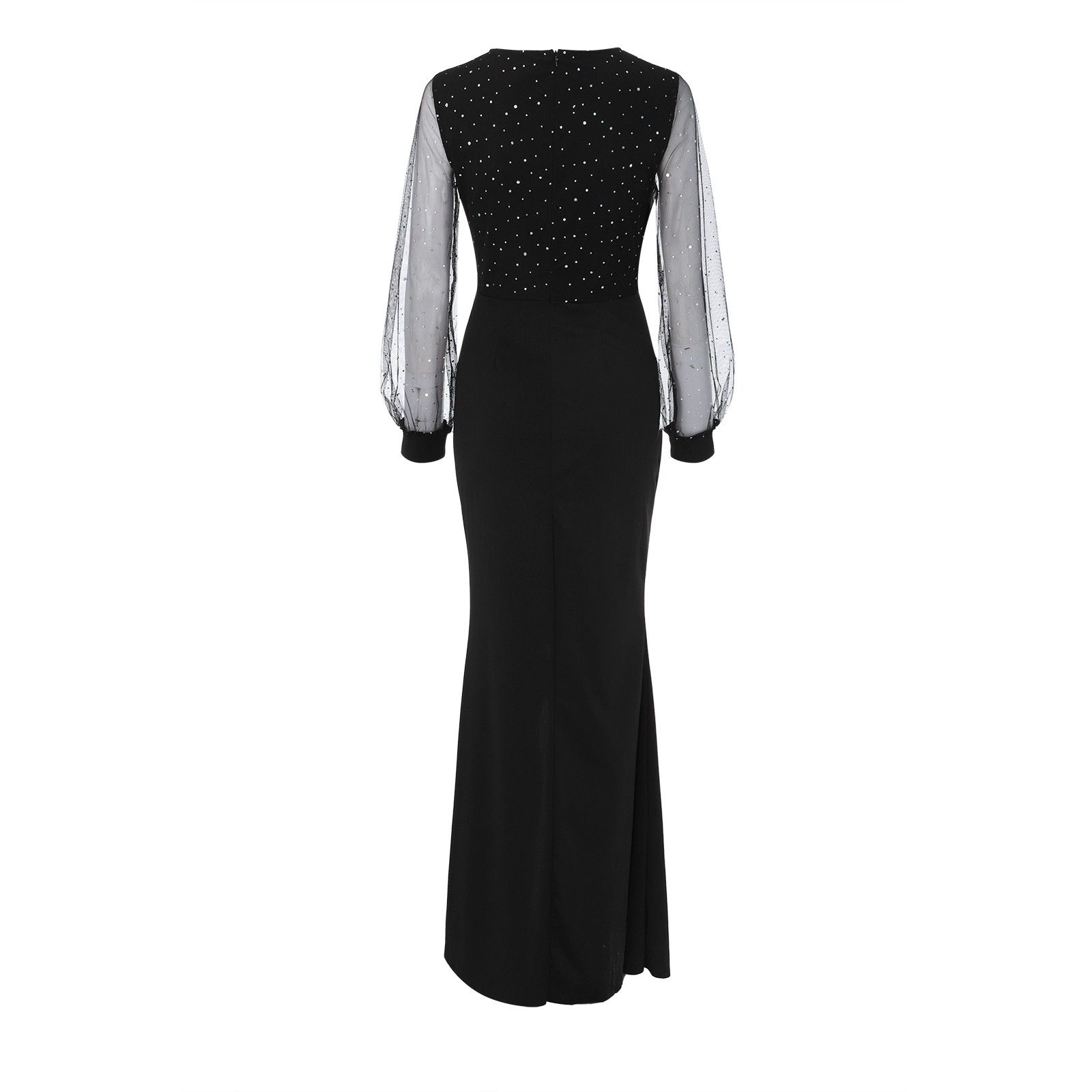 Elegant Black Mesh Sequin Long Sleeve Maxi Dress Women's Deep V Neck Wrap Split High Waist Female Irregular Ruffles Evening Party Dress