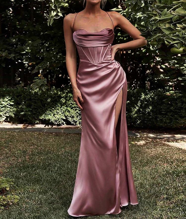 Sexy Backless Sleeveless Slit Suspender Formal Evening Dress Lace Up Solid High Waist Graduation Dress Elegant Party Dresses for Women