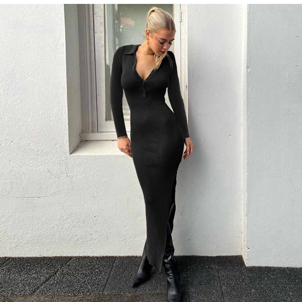 Winter Long Knit Dress Women Fashion V Neck Long Sleeved Slim Hip Skirt Ladies