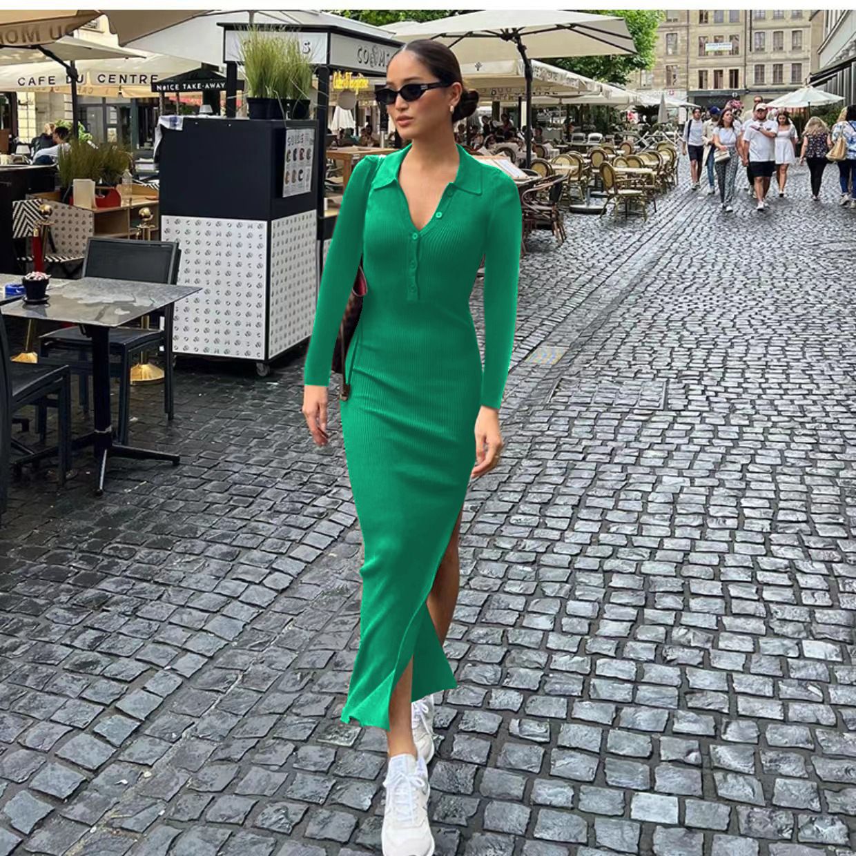 Winter Long Knit Dress Women Fashion V Neck Long Sleeved Slim Hip Skirt Ladies