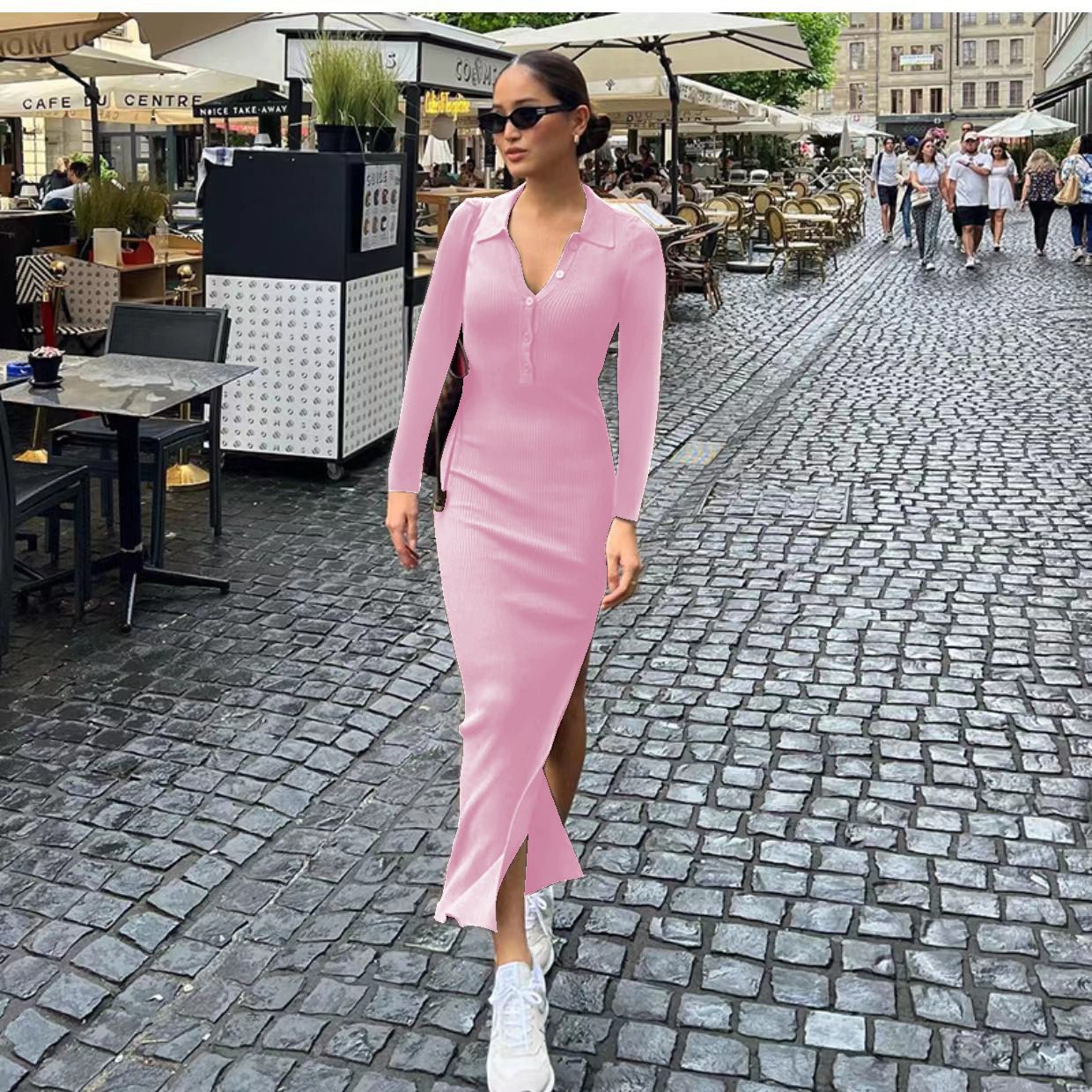 Winter Long Knit Dress Women Fashion V Neck Long Sleeved Slim Hip Skirt Ladies