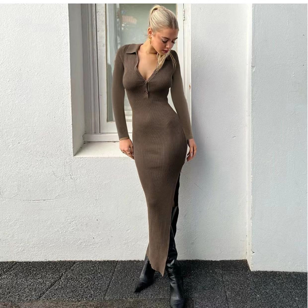 Winter Long Knit Dress Women Fashion V Neck Long Sleeved Slim Hip Skirt Ladies