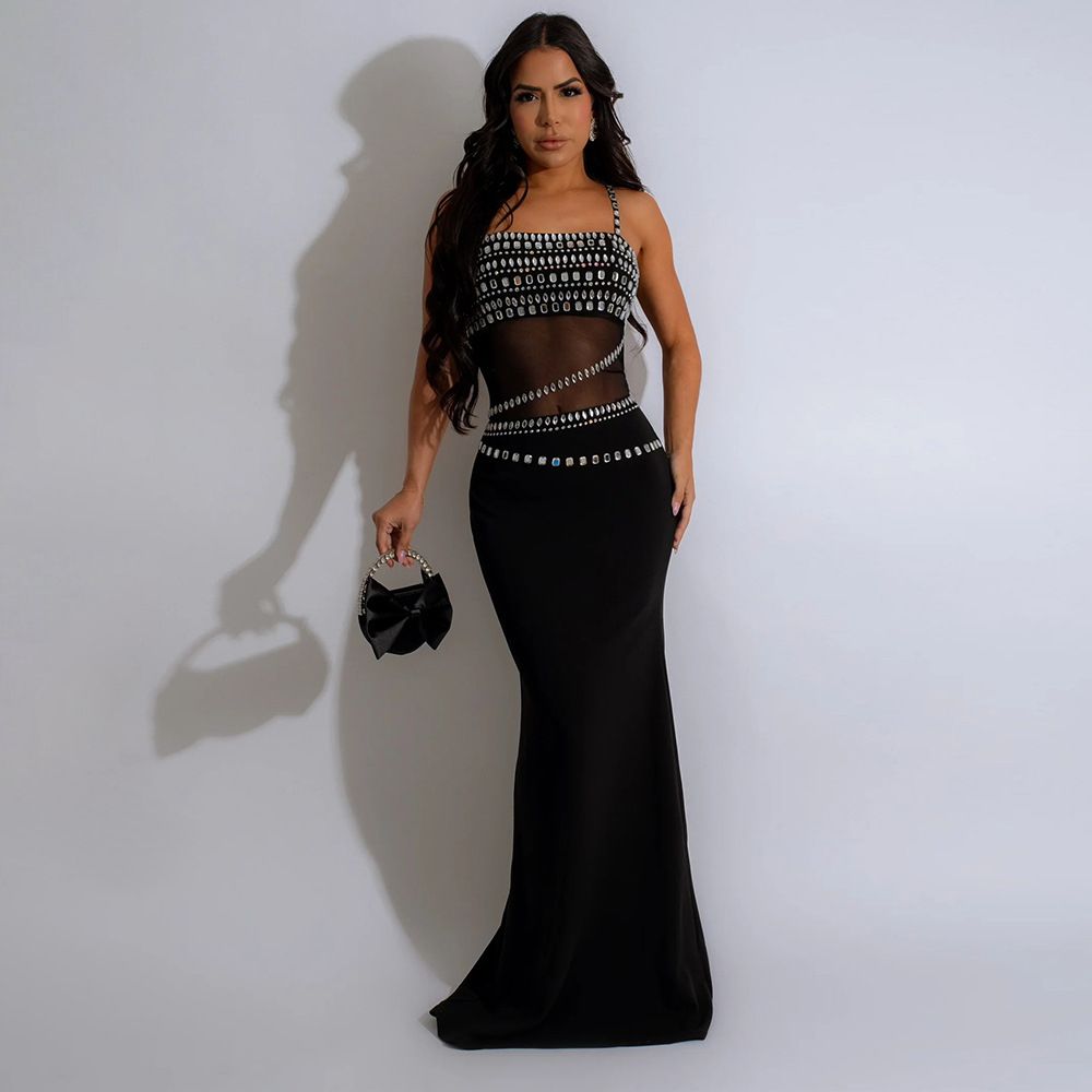 Elegant Rhinestone Dress For Wedding Party Cocktail Prom Dress Mesh Sexy Long Formal Evening Dresses Ladies Maxi Dress