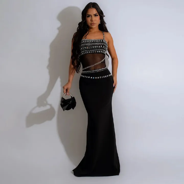 Elegant Rhinestone Dress For Wedding Party Cocktail Prom Dress Mesh Sexy Long Formal Evening Dresses Ladies Maxi Dress