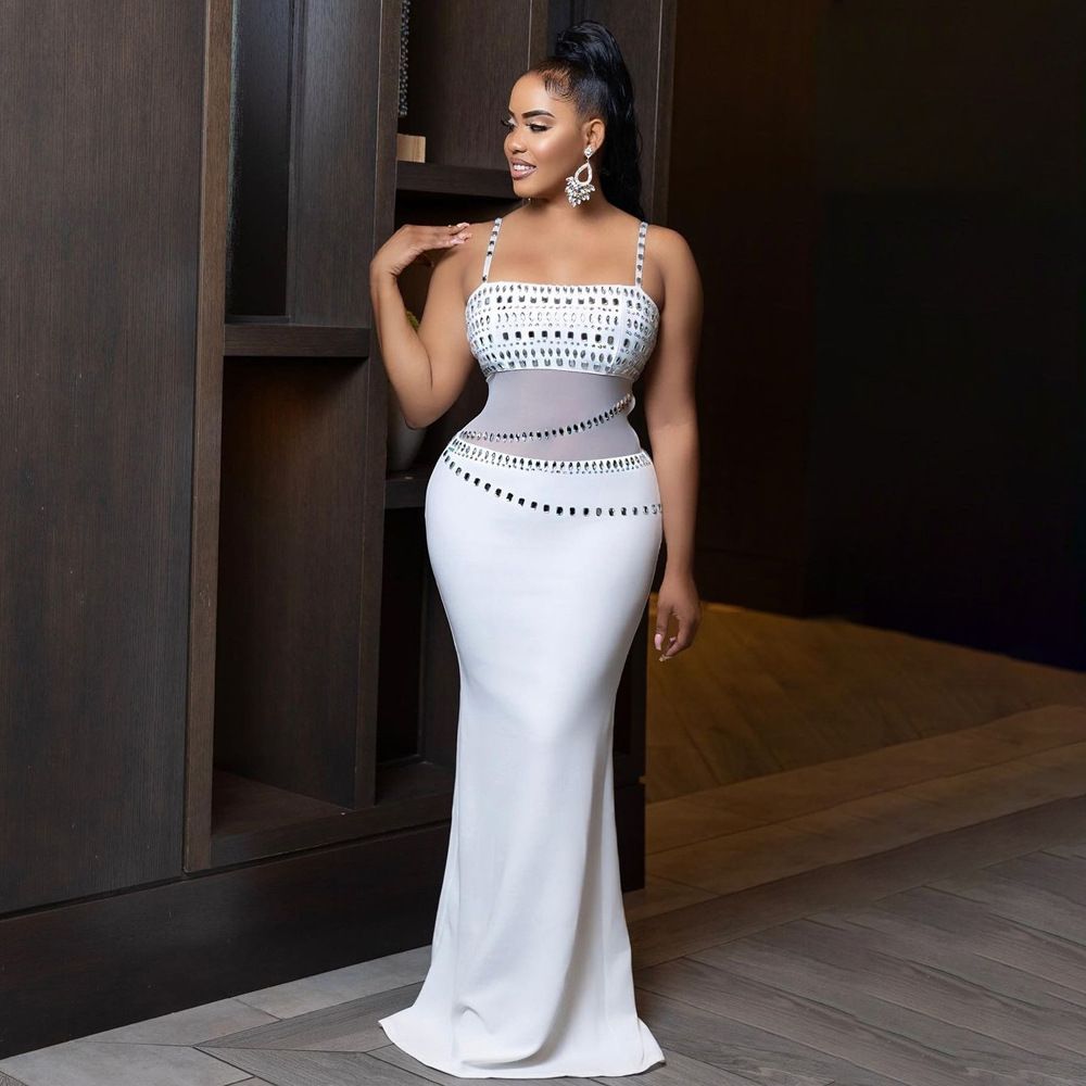 Elegant Rhinestone Dress For Wedding Party Cocktail Prom Dress Mesh Sexy Long Formal Evening Dresses Ladies Maxi Dress