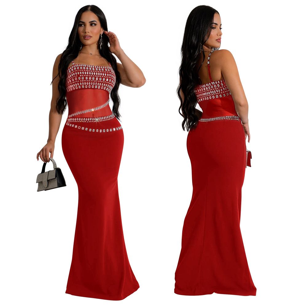 Elegant Rhinestone Dress For Wedding Party Cocktail Prom Dress Mesh Sexy Long Formal Evening Dresses Ladies Maxi Dress