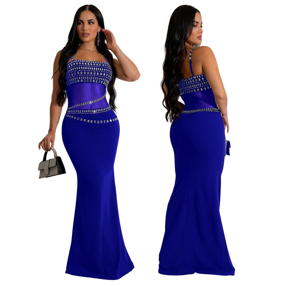 Elegant Rhinestone Dress For Wedding Party Cocktail Prom Dress Mesh Sexy Long Formal Evening Dresses Ladies Maxi Dress