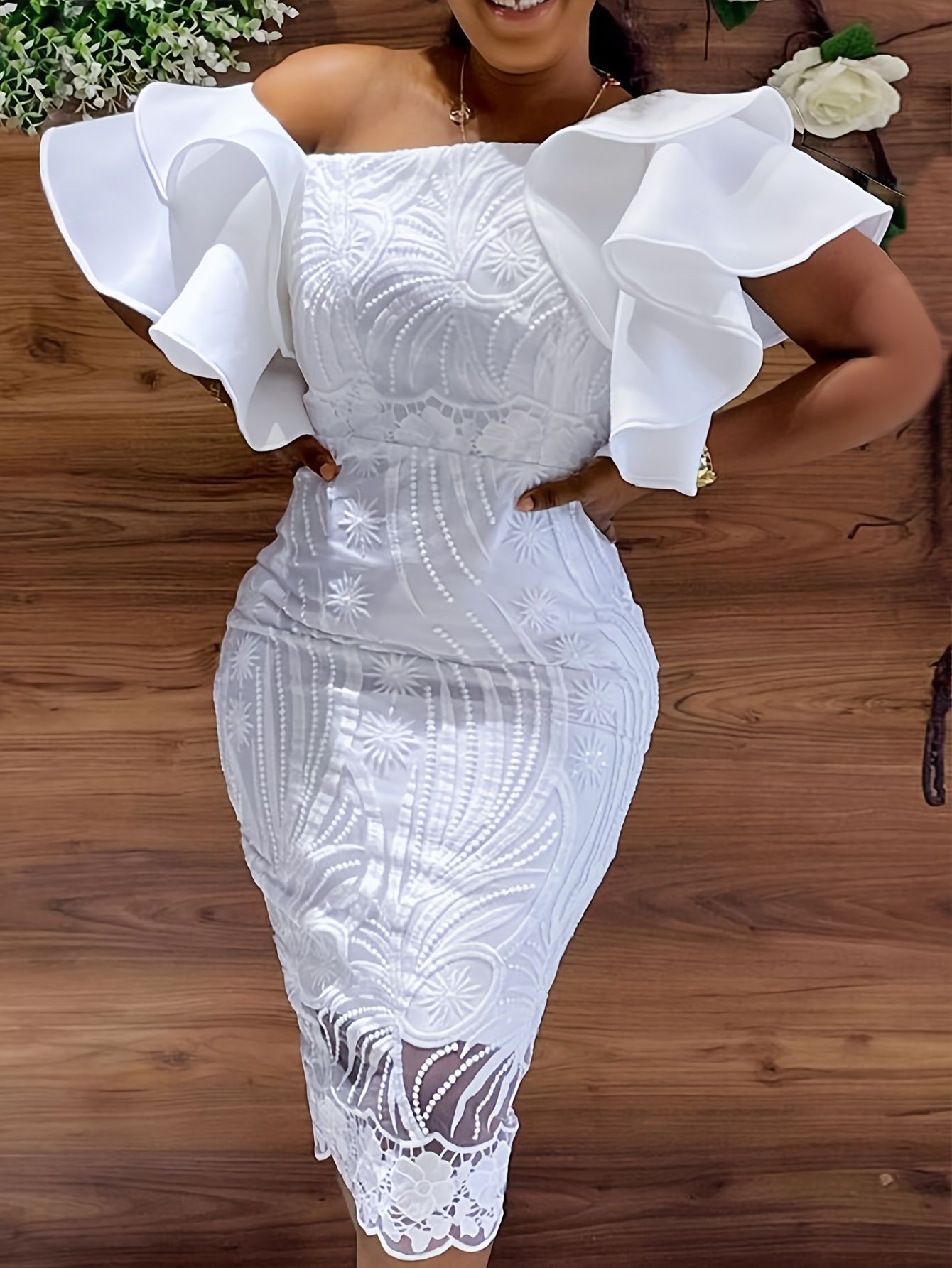Dashiki African Lace Dresses Slim Sexy Cut Out Ruffles Dresses Women Party Office Midi Plus Size Jacquard Cold Shoulder Wedding Dress