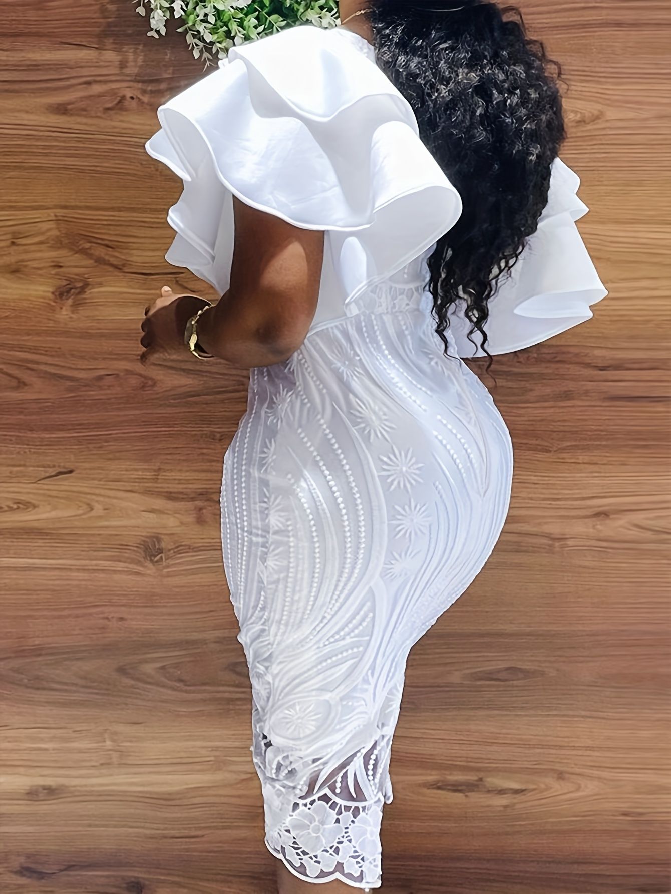 Dashiki African Lace Dresses Slim Sexy Cut Out Ruffles Dresses Women Party Office Midi Plus Size Jacquard Cold Shoulder Wedding Dress
